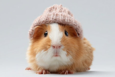 Cute guinea pig wearing a tiny winter hat, posed on a seamless white background. Ideal for e-commerce and catalog use, showcasing pet accessories in a charming and playful manner.の素材