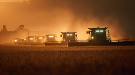 A fleet of modern combine harvesters operates in synchrony on a vast soybean field during golden hour. Captured with dramatic lighting and a cinematic angle, showcasing agricultural efficiency.の素材
