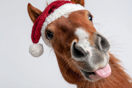 A funny chestnut horse wearing a Santa hat sticks its tongue out in a lighthearted close-up against a solid white background, creating a humorous and festive holiday image.の素材