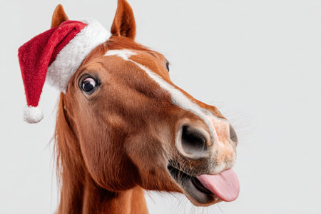 Humorous studio shot of a chestnut horse wearing a tilted Santa hat, playfully sticking its tongue out against a clean white background. Perfect for festive and lighthearted content.の素材