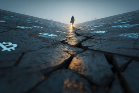 A solitary figure walks along a cracked path adorned with investment icons, symbolizing risky perseverance. The scene is illuminated by a distant bright light, creating a moody atmosphere.の素材
