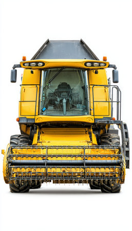 Front view of a modern combine harvester isolated against a plain white background. Ideal for catalogs or infographics, featuring clean, minimal design with studio lighting.の素材