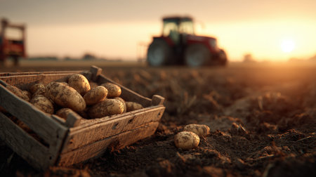 A wooden box filled with potatoes rests in a fertile field under a glowing sunset. A red tractor is seen harvesting in the background, creating a cinematic rural scene with warm lighting.の素材