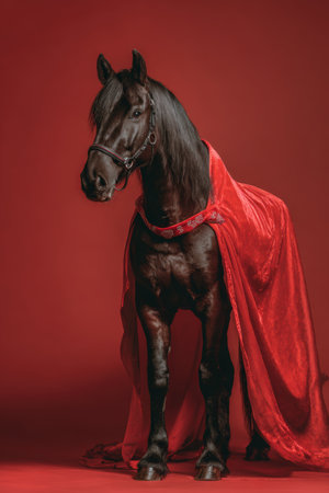A majestic dark brown horse dressed in Santa attire with a flowing cape, elegantly lit in a studio setting. The horse is isolated against a plain red background, ideal for greeting cards.の素材