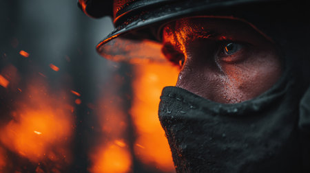 Dramatic close-up of a firefighter confronting a fierce forest fire. Bright orange flames reflect in the visor, set against a smoky mountain backdrop, creating a heroic and tense mood.の素材