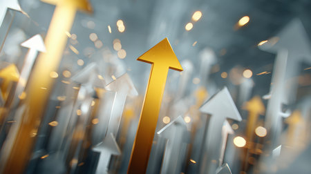 Abstract image depicting progress with a bright gold arrow moving upward, surrounded by defocused white arrows. The scene has a futuristic, cinematic atmosphere with soft reflections.の素材