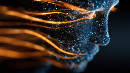 A digital face composed of thousands of blue particles, surrounded by abstract data grids and orange energy trails, representing futuristic AI concept art.の素材