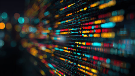 Close-up view of a computer screen displaying vivid multicolored code lines on a dark interface. The background features a cinematic bokeh effect, creating a modern cyber aesthetic.の素材