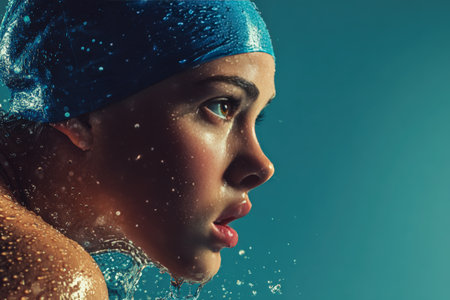 A young female swimmer in a racing suit and cap is poised on a starting block. Water droplets are suspended in the air against a minimalist aqua-blue background with soft lighting.の素材
