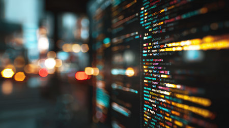 Close-up image of a computer screen displaying colorful programming code. The background is blurred with warm lighting, creating a modern tech aesthetic with cinematic lighting and shallow depth.の素材
