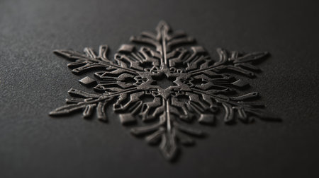 Elegant photorealistic poster featuring a matte black surface with an embossed snowflake grid. Grazing light reveals intricate details, creating a sophisticated central negative space.の素材