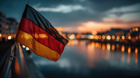 Close-up of Germany's flag waving over a cityscape during sunset. The evening sky displays orange and blue hues, with reflections on water, captured in cinematic style.の素材