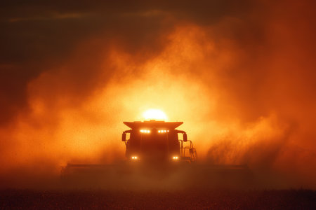 A combine harvester drives toward the camera with a blazing sunset behind, illuminating dust particles in the air. The scene is dramatic and sharply defined, showcasing agricultural machinery.の素材