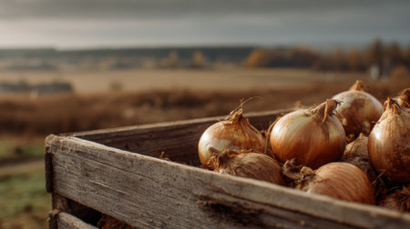 Close-up of golden onions in a rustic wooden crate set against a serene rural landscape with fields and trees under a clear sky, showcasing cinematic countryside lighting.の素材