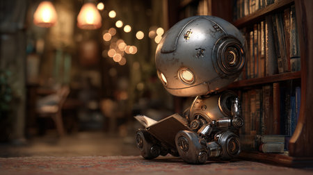 A charming humanoid robot made of brushed steel and soft lights sits on the floor reading in a cozy study. The scene is set with glowing lamps and bookshelves, creating a dreamy, cinematic mood.の素材