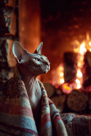 A sphynx cat sits wrapped in a cozy woolen blanket near a warm fireplace. The glowing embers in the background create a comforting and serene atmosphere.の素材
