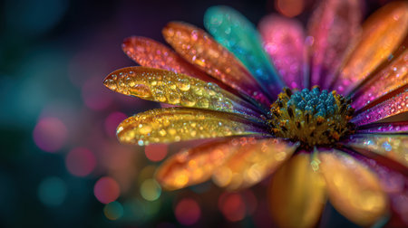 Artistic macro photography of a multicolor daisy flower adorned with dewdrops. The vivid rainbow hues blend seamlessly, set against a dreamy blurred background with colorful bokeh lights.の素材
