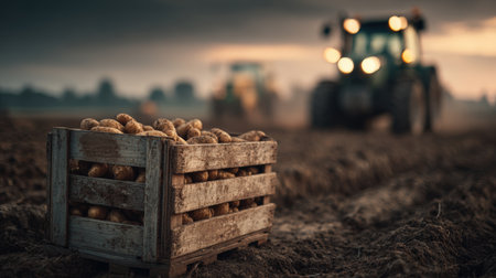 A wooden crate filled with freshly harvested potatoes sits in a vast field as a tractor works in the background at sunset. The scene captures a warm, nostalgic agricultural mood.の素材