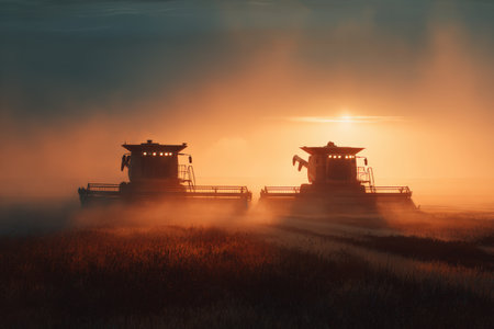 Two combines cross paths at a field junction during sunset, casting long shadows. The ambient haze and golden glow on dust particles create an ultra-realistic, serene scene.の素材