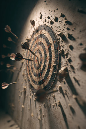 Photorealistic image of a target board surrounded by missed darts, symbolizing failed business ideas. Sharp shadows enhance the conceptual theme of missed opportunities.の素材