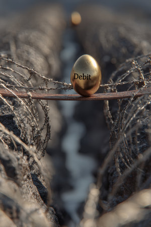 A photorealistic image of a golden egg labeled "Debt" precariously balanced on a narrow steel beam over a canyon filled with barbed wire, creating a tense and dramatic scene.の素材