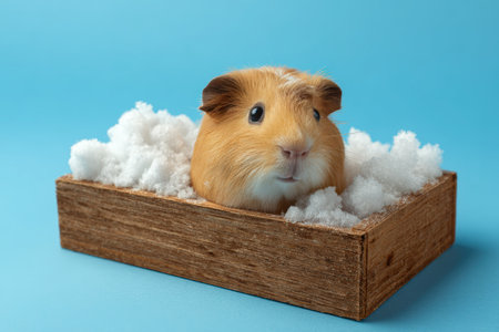 Adorable guinea pig nestled in a small wooden box filled with faux snow, set against a vibrant blue background. Perfect for festive and playful pet-themed designs.の素材