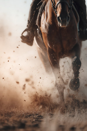 A cinematic ground-level capture of a horse and rider galloping in perfect harmony. The image showcases motion in the horse's mane and flying dust, creating a dynamic and powerful scene.の素材