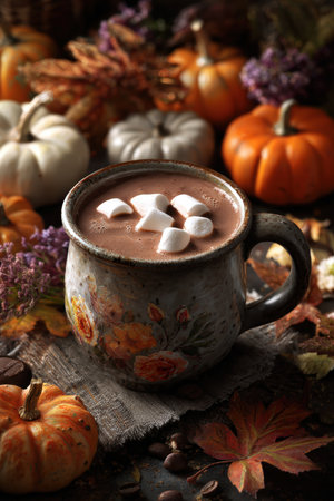 Photorealistic close-up of a rustic mug filled with hot chocolate topped with marshmallows, surrounded by pumpkins and autumn leaves, creating a warm and cozy fall atmosphere.の素材
