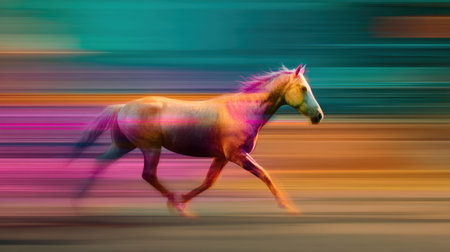 A dynamic image capturing a galloping horse with motion blur and vibrant colors, conveying speed, energy, and momentum. The layered echoes enhance the sense of movement.の素材