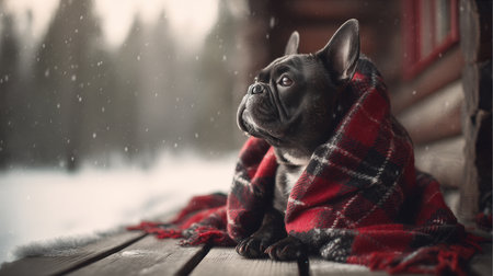 A French bulldog sits wrapped in a cozy plaid blanket on a snowy porch, gazing into the distance. The serene winter scene captures the warmth and tranquility of the moment.の素材