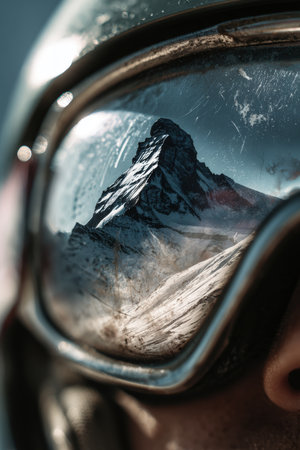 Close-up macro image of scratched goggles reflecting a majestic mountain peak, symbolizing the preparation and risks associated with extreme sports. Photorealistic detail.の素材