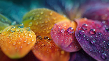Close-up of rainbow-colored petals adorned with water droplets, showcasing a brilliant spectrum of hues. The magical bokeh background and shallow focus create an ethereal atmosphere.の素材