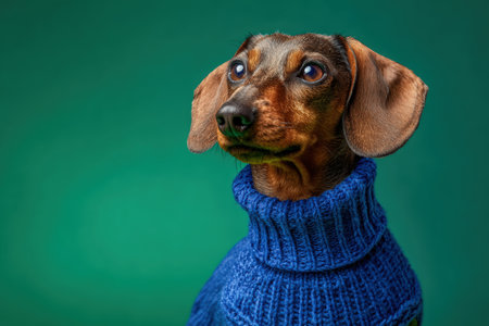 A dachshund wearing a blue knitted sweater sits against a vibrant green background in a minimalistic studio setting. The image highlights the dog's expressive eyes and cozy attire.の素材
