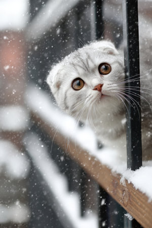 A Scottish Fold kitten gazes curiously at falling snowflakes on a balcony railing, capturing a serene winter moment. The kitten's wide eyes reflect wonder and innocence.の素材