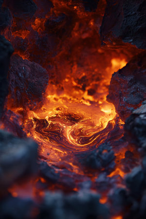 A detailed view of molten metal bubbling inside a furnace, showcasing fiery textures and swirling motion with intense color contrasts, highlighting the dynamic nature of molten metal.の素材