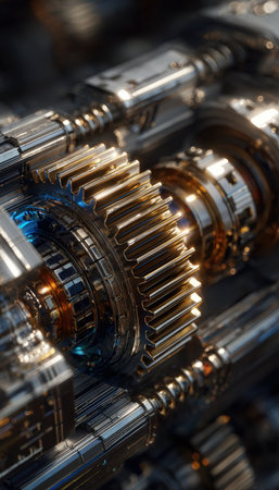 High-resolution macro image showcasing intricate gears and servos within a robotic actuator. The tight framing highlights complex textures and metallic reflections.の素材