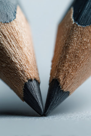 Photorealistic macro image of two pencils drawing parallel lines, symbolizing creative competition. Features a clean background with soft tones and shallow depth of field.の素材
