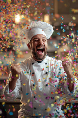 A jubilant chef celebrates winning a culinary contest in a bright kitchen, surrounded by colorful confetti. The photorealistic image captures the chef's joyful expression and triumphant moment.の素材