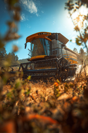 A brand-new combine harvester in mint condition is captured from a low angle, set against a bright blue sky. The perfect lighting and shadows highlight its modern design.の素材