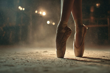Photorealistic close-up of a ballerina's shoes in motion, capturing floor dust illuminated by stage lights. The cinematic mood evokes the intensity of artistic competition.の素材