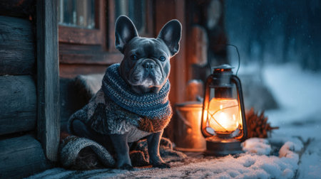A French bulldog wrapped in a woolen scarf sits near a glowing lantern outside a snowy cabin, creating a cozy winter scene. The warm light contrasts with the cold, snowy environment.の素材