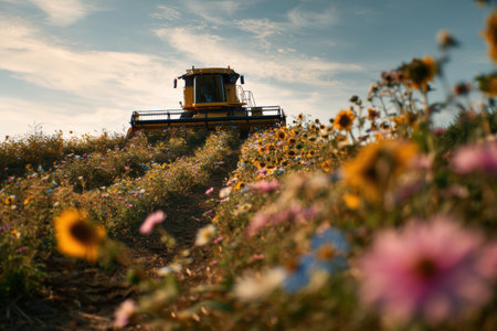 A combine harvester ascends a small hill in a sunflower field, backlit by the sun. The foreground features vibrant floral elements, creating a dynamic focus play.の素材