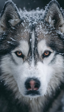 Close-up portrait of a husky with snow-covered fur, staring intently into the camera. The image captures the dramatic and frosty details of the dog's face, highlighting its intense gaze.の素材