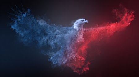 A stylized abstract eagle silhouette crafted from red, white, and blue smoke, set against a dramatic dark gradient backdrop. The image exudes a modern and dynamic aesthetic.の素材