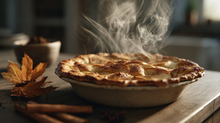 A photorealistic close-up of a freshly baked apple pie with steam rising, styled with cinnamon sticks and autumn leaves, capturing the essence of cozy fall baking.の素材