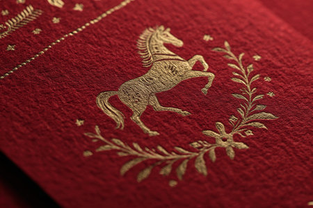 Zodiac-style New Year card featuring a golden horse embossed on a rich red background. The design includes a decorative floral border with subtle shadows and shine.の素材