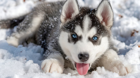 A playful husky puppy with sparkling blue eyes lies in fresh snow, sticking its tongue out. The scene is surrounded by small paw prints, capturing a joyful winter moment.の素材