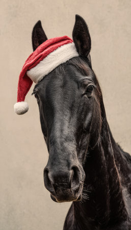 Close-up portrait of a sleek black horse wearing a red Santa hat with white trim, isolated against a plain beige background. Perfect for festive and holiday-themed designs.の素材