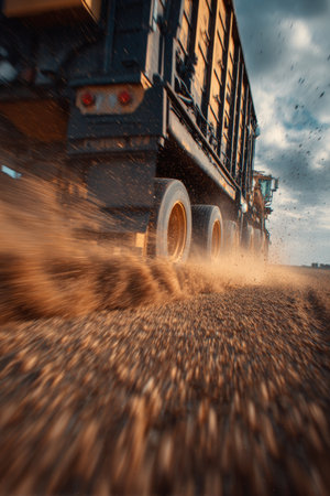 Dynamic image of a combine harvester using an extended grain pipe to offload wheat into a moving trailer. Dirt flies from the wheels, capturing the powerful, cinematic action of the harvest.の素材