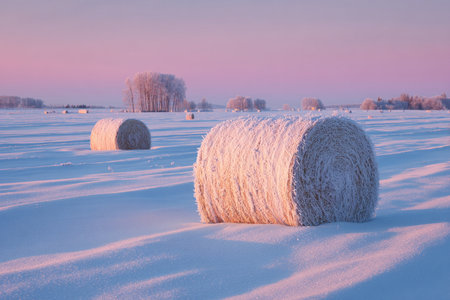 A serene winter scene featuring a snowy field with round hay bales covered in frost. The pink dawn light casts long shadows, creating a peaceful countryside postcard view.の素材